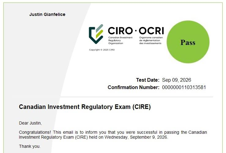 Canadian Investment Regulatory Exam (CIRE) certificate