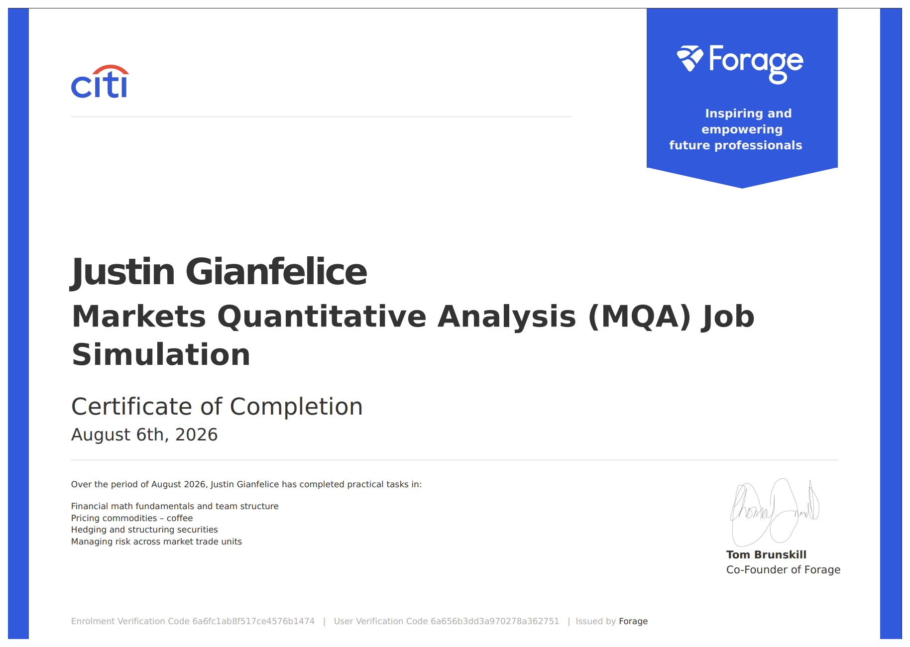 Markets Quantitative Analysis (MQA) Job Simulation certificate