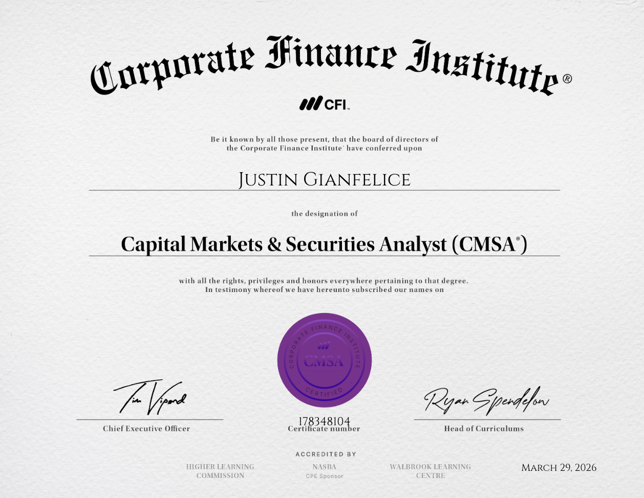 Capital Markets & Securities Analyst (CMSA®) certificate