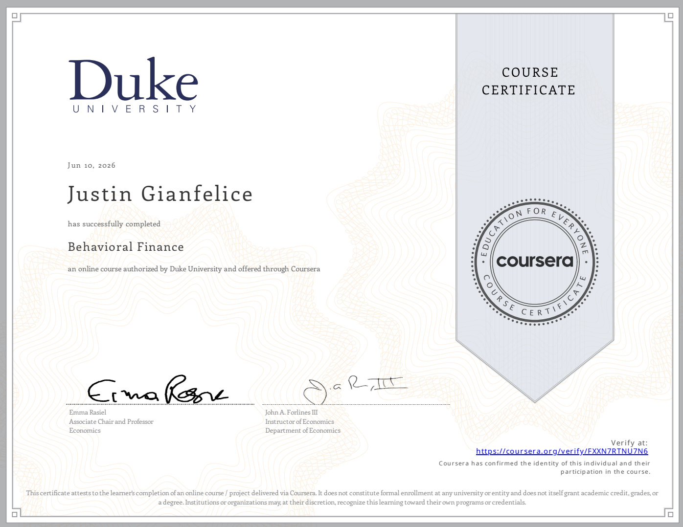 Behavioural Finance certificate
