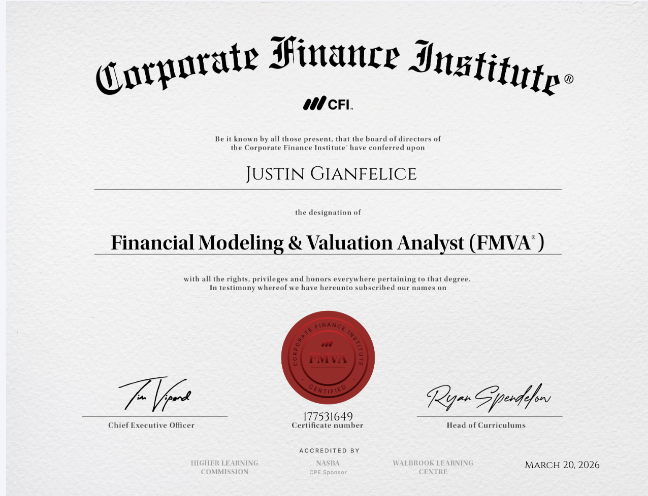 Financial Modeling & Valuation Analyst (FMVA®) certificate