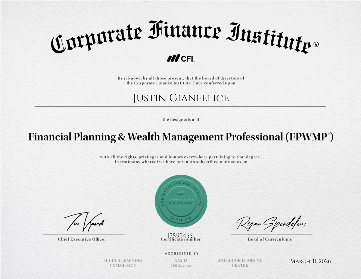 Financial Planning & Wealth Management (FPWMP®) certificate